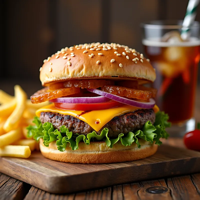 Delicious Hamburger - A close-up image of a juicy hamburger with a perfectly grilled beef patty, melted cheese, fresh lettuce, ripe tomatoes, and crispy onions all inside a toasted sesame seed bun. The background shows a rustic wooden table with a side of golden French fries and a refreshing soda with ice cubes. - AI image generated with Photorealistic 2