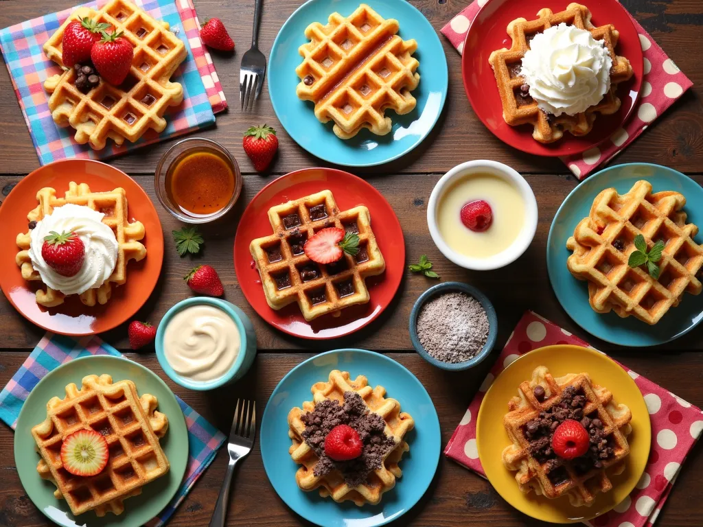 Delicious Waffle Extravaganza - A vibrant flat lay image depicting ten different ways to enjoy waffles. The scene features an assortment of waffle styles such as classic Belgian waffles, waffle cones, waffle bites, and waffle sandwiches. Each variation is adorned with toppings like fresh berries, whipped cream, maple syrup, chocolate chips, ice cream, and powdered sugar. The background is a rustic wooden table with colorful napkins and utensils, exuding a warm and inviting atmosphere perfect for breakfast or dessert lovers. - AI image generated with Photorealistic 2