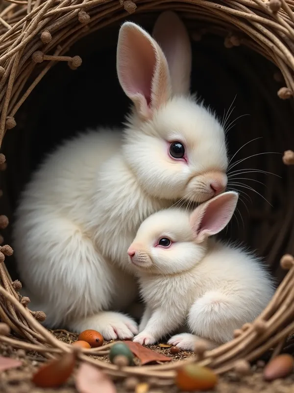 Den of Warmth - A heartwarming scene of an angora mother rabbit lovingly curled around her fluffy offspring, nestled in a cozy den filled with soft twigs and earthy leaves. - AI image generated with Photorealistic 2