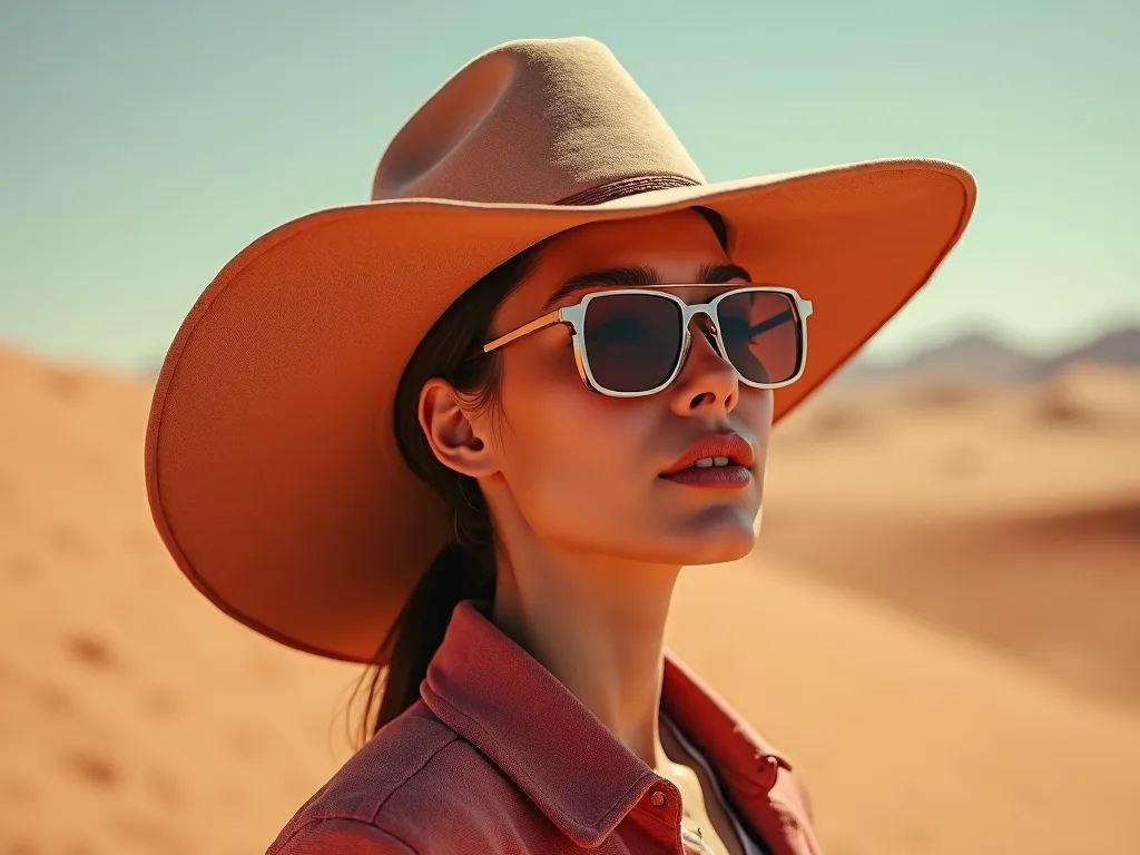 Desert Dame's Gargantuan Headgear - a woman with a giant hat, safety glasses in a desert world, covered by sand and with a reddish sky - AI image generated with Photorealistic 2
