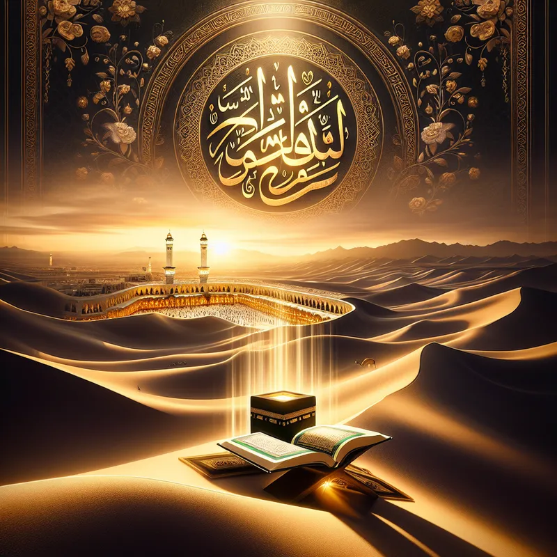 Desert Dunes and Divine Light - Golden light of sunrise bathes the tranquil desert dunes, with Al-Masjid Al-Haram and the glowing Kaaba visible in the distance. An open Qur’an on a wooden stand is illuminated by a beam of light from the heavens. Above are the words in Arabic calligraphy: "عبد الله – حامل القرآن – داعية الحق" (Bondservant of Allah – Carrier of the Qur’an – Caller to the Truth), and below in English: "My mission is for Allah alone. Distraction has no place in my heart." The scene is adorned in shades of deep gold, black, white, and a touch of emerald green. - AI image generated with DALL-E 3