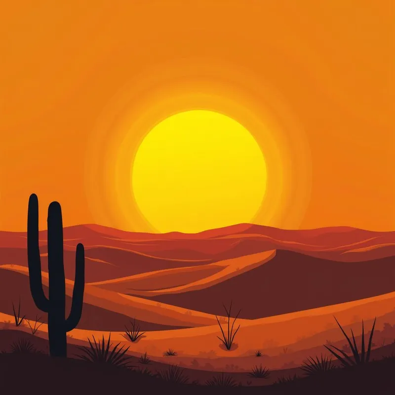 Desert Dusk - The sun setting over vast sand dunes, with the sky transitioning from bright yellow to deep red, and a lone cactus in the foreground. - AI image generated with Photorealistic 2