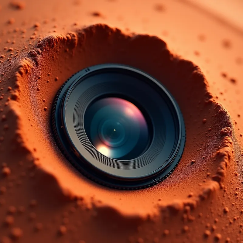 Desert Lens - A bold logo showcasing a circular lens surrounded by swirling red sand, embodying the essence of photography in a desert theme. - AI image generated with Photorealistic 2 - close-up macro photograph