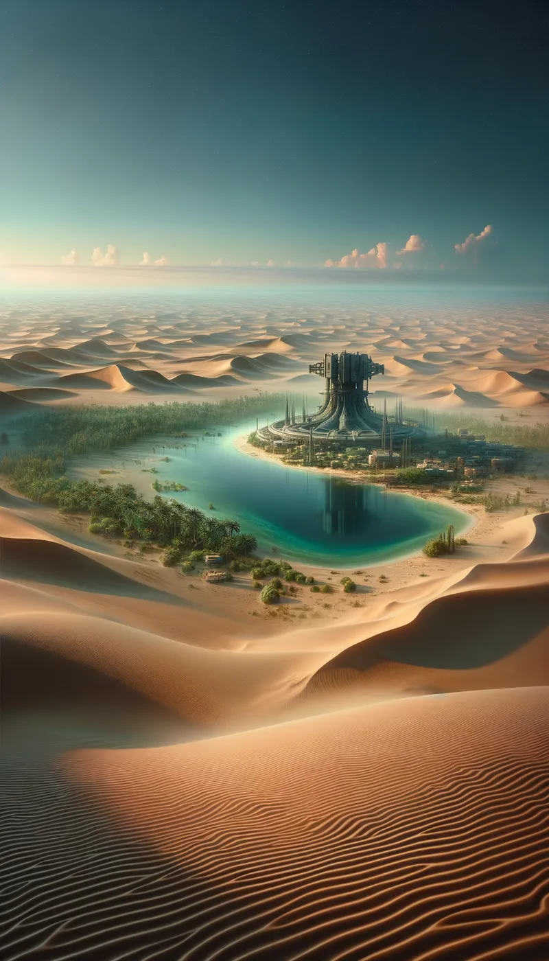 Desert Mirage - A vast desert expanse with an oasis on one side and a mystical, otherworldly structure on the other, offering a dilemma between respite and adventure. - AI image generated with Art