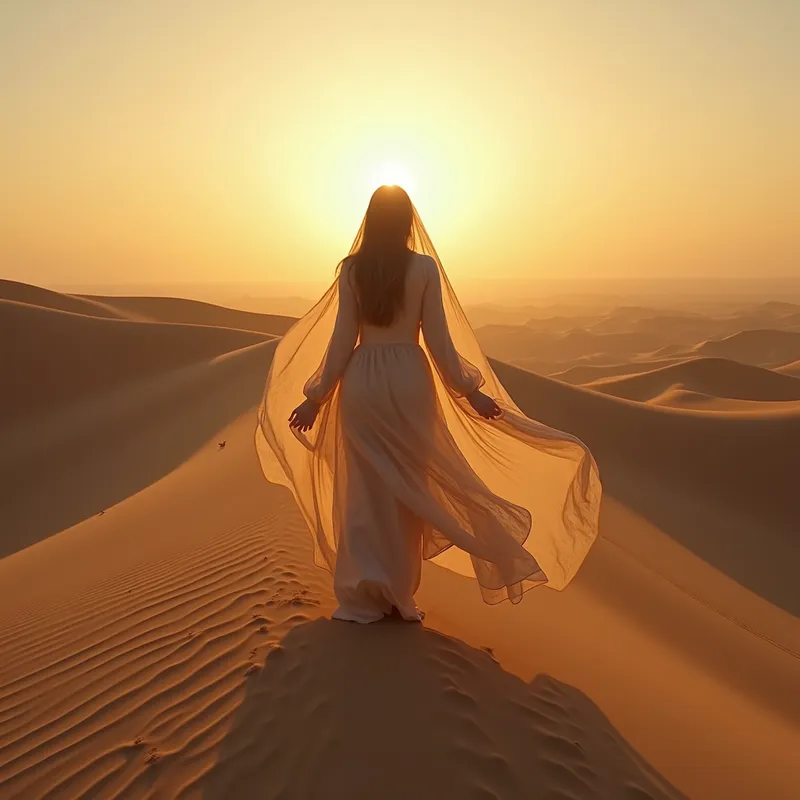 Desert Mirage - A mystical scene in a vast desert, where a woman partially obscured by flowing, translucent fabrics is seen standing atop a sand dune. The setting sun casts long shadows and creates a golden hue that envelops the scene in warmth and mystery. - AI image generated with Photorealistic 2