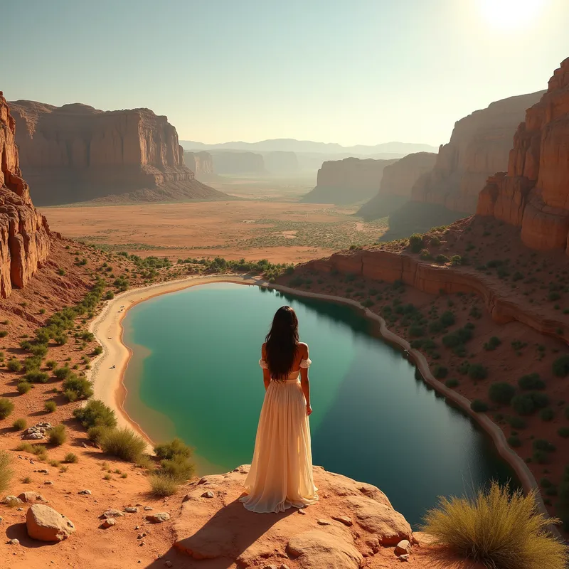 Desert Oasis - An awe-inspiring view of a secluded oasis within a vast desert, where a woman in flowing attire is seen from the back, merging with the natural beauty of the surroundings. - AI image generated with Photorealistic 2