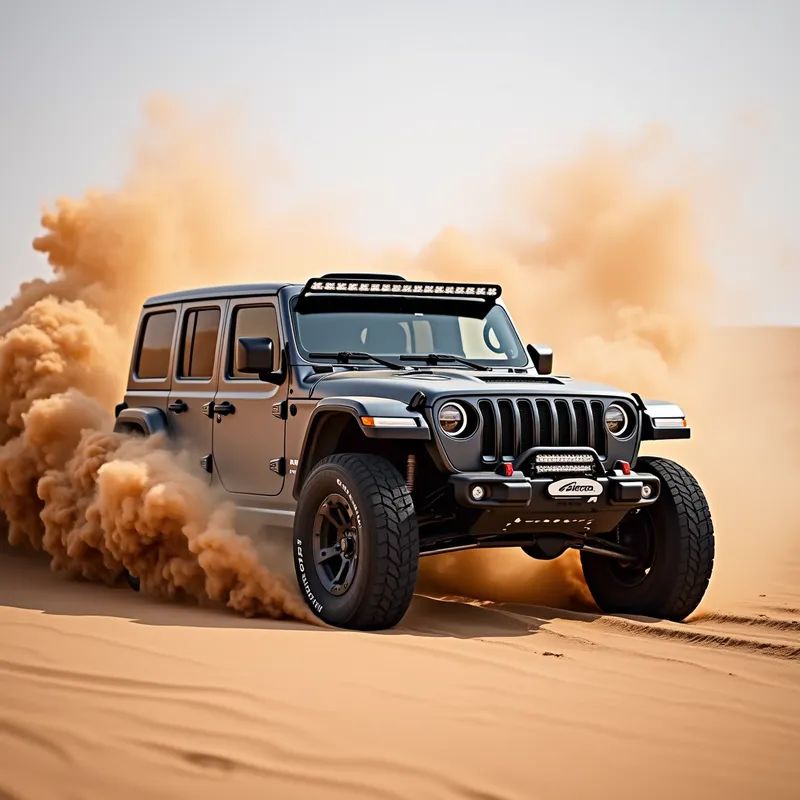 Desert Rally Jeep - An experimental sports jeep participating in a high-speed desert rally. The environment is filled with dusty winds, and the jeep is equipped with unique aerodynamic features and a roll cage. The photo shows the jeep kicking up a cloud of sand as it zooms past, highlighting both the intensity of the race and the advanced engineering of the vehicle. - AI image generated with Photorealistic 2