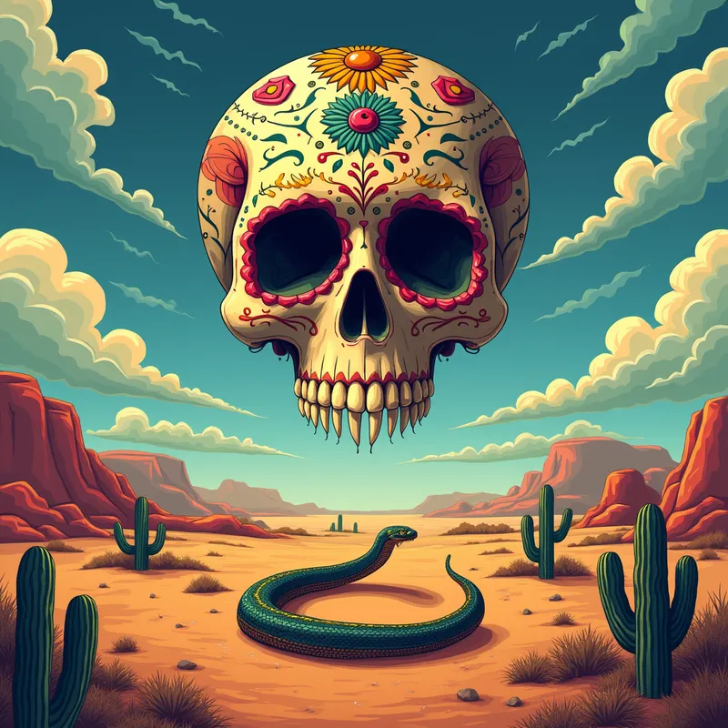Desert Skull Mirage - A Day of the Dead-decorated skull floats above a sunlit desert landscape, with a rattlesnake slithering towards the viewer. The scene is infused with vibrant colors and traditional Mexican patterns, creating an eerie yet beautiful mirage. - AI image generated with Photorealistic 2