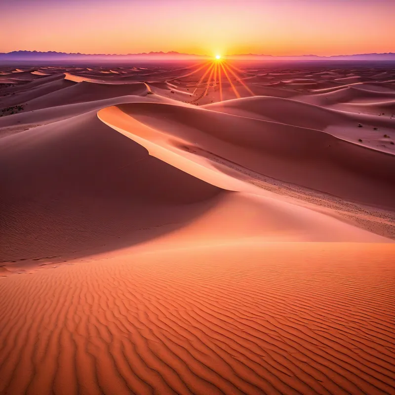 Desert Sunrise - The sun rising over an expansive desert landscape, casting long shadows and painting the sand dunes with shades of orange and pink. - AI image generated with Photorealistic