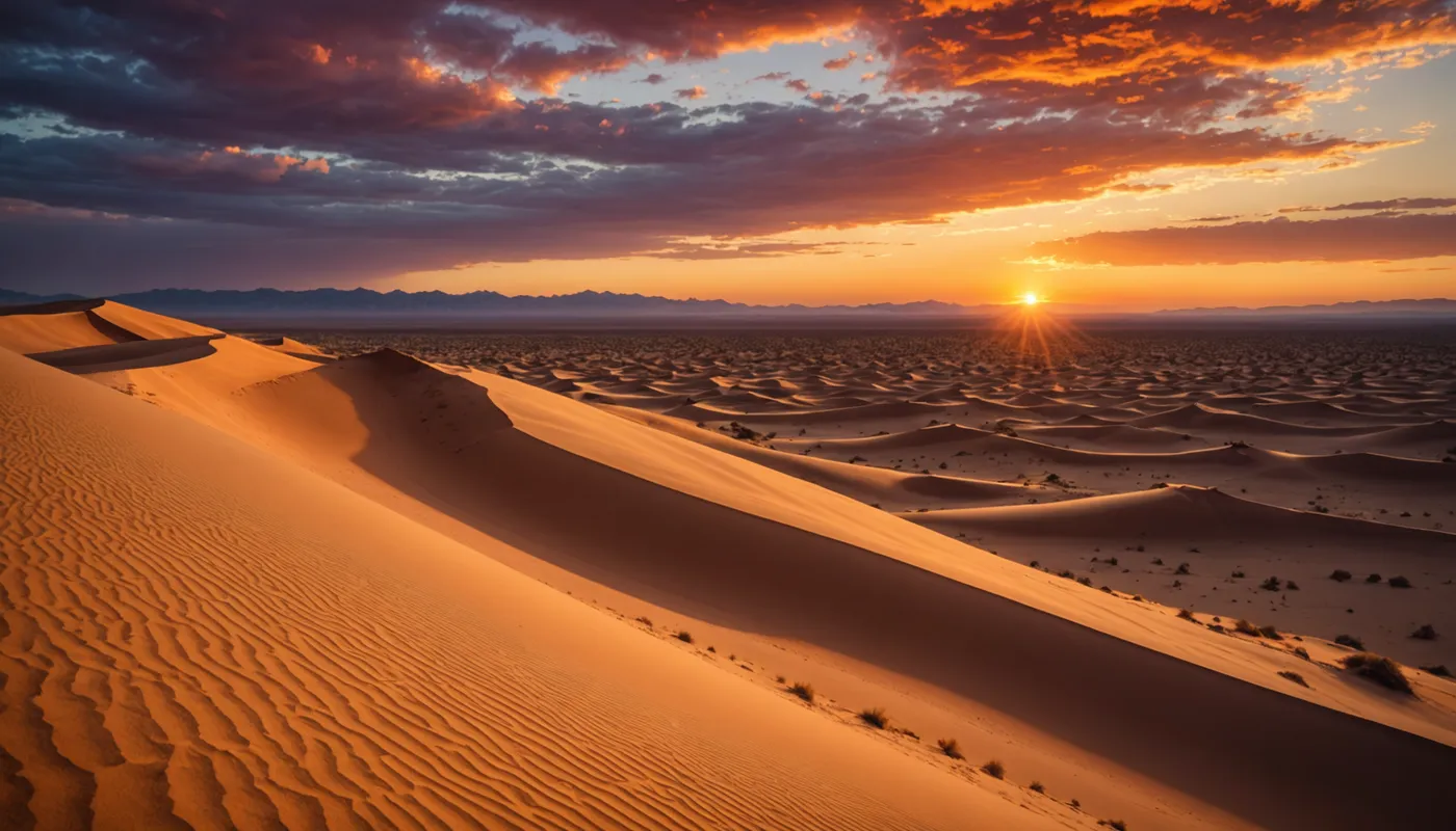 Desert Sunset Mirage - An awe-inspiring sunset over a vast desert landscape with dunes casting long shadows, and the <!> logo appearing as a faint mirage in the distant horizon. - AI image generated with Photorealistic 2