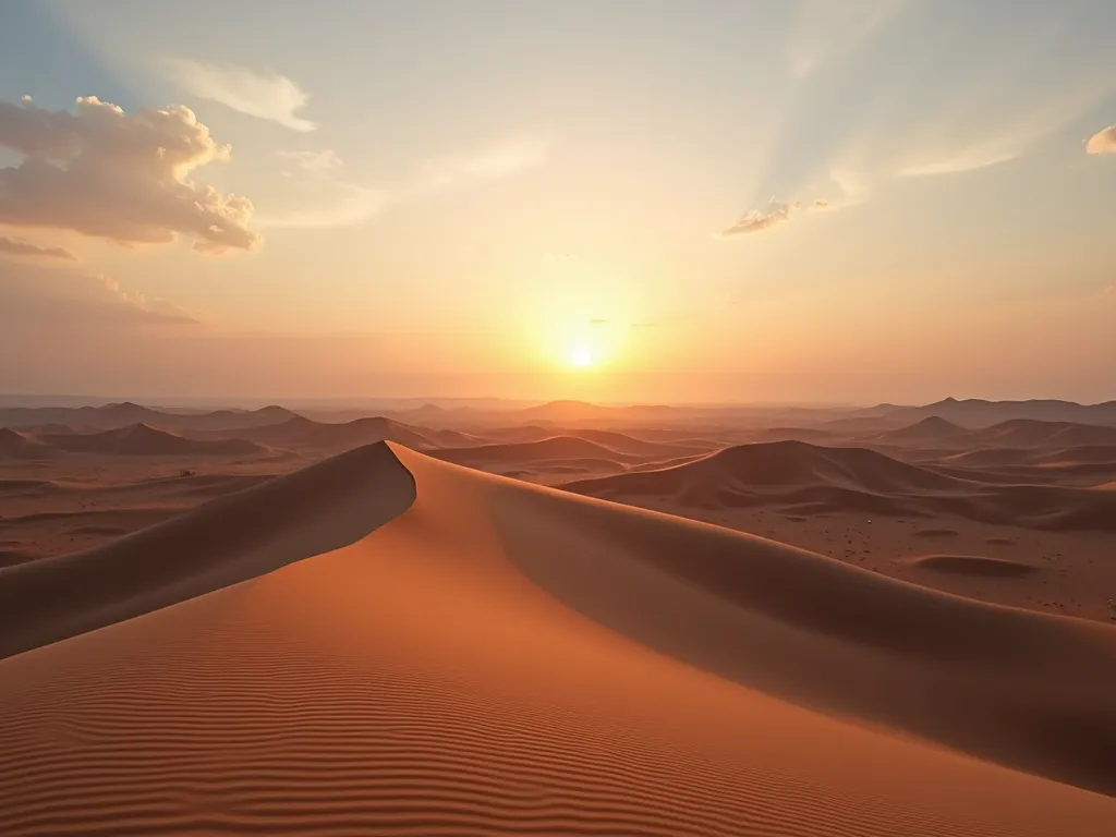 Desert Twilight - A tranquil desert landscape during sunset, with the sun casting long shadows over dunes and painting the sky with soft pastels. - AI image generated with Photorealistic 2