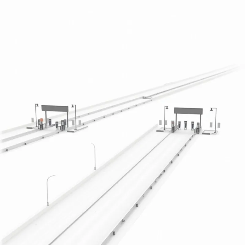 Deserted Toll Route - A clean, flat image showing a one-lane highway that branches off into an unused exit and a main road passing through empty toll booths, all set on a white backdrop with no vehicles in sight. - AI image generated with Photorealistic 2 - minimalist line art