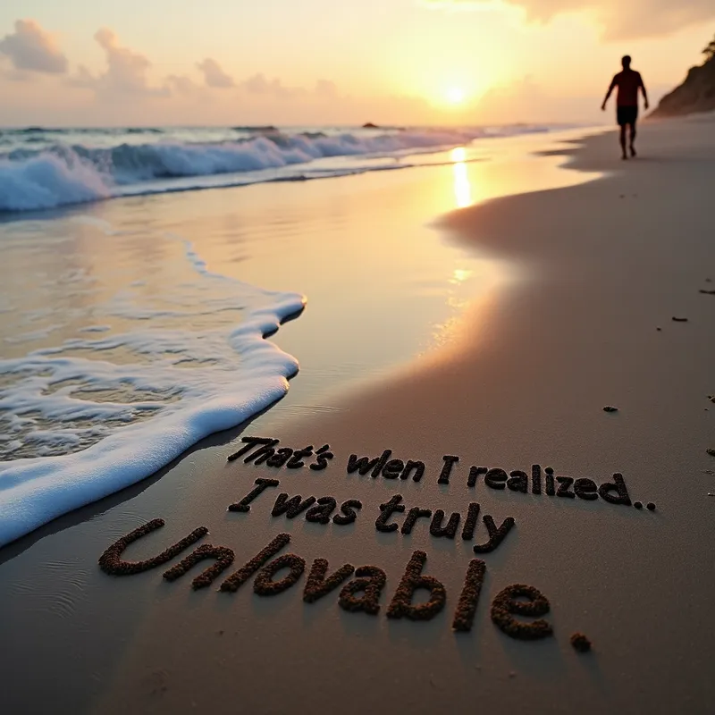 Desolate Dawn - An early morning scene on a deserted beach, with waves softly crashing and a person walking alone. The words 'That's when I realized.. I was truly unlovable.' are written in the sand, slowly being washed away by the tide. - AI image generated with Text