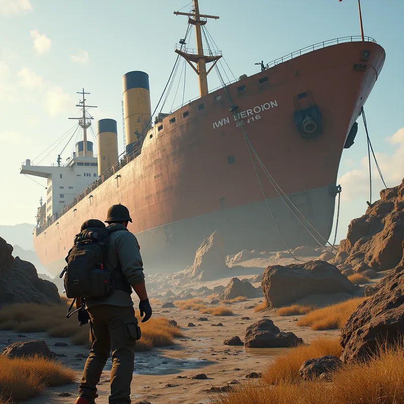 Desolate Rust Landscape - A Rust game thumbnail highlighting a deserted landscape with a gigantic cargo ship rusting away in the background. The player is seen scavenging through the debris, wearing rugged attire suitable for survival in harsh conditions. - AI image generated with Photorealistic 2