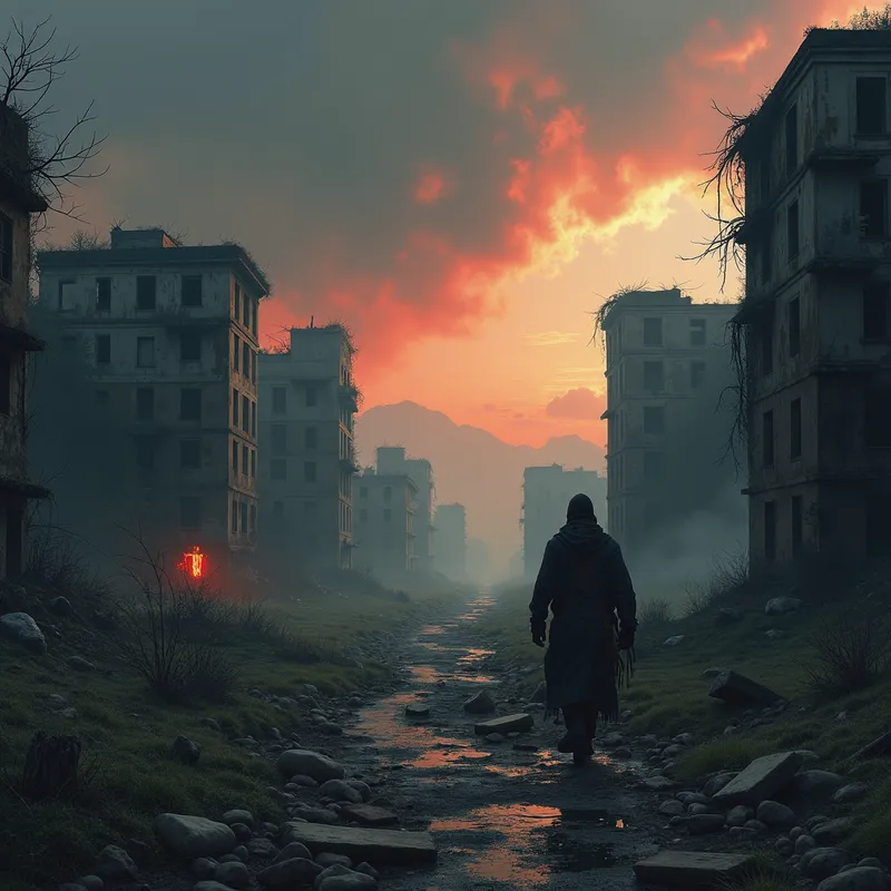 Desolate Wasteland with Lone Wanderer - Create a post-apocalyptic landscape with crumbling buildings, overgrown vegetation, and a desolate atmosphere. The sky should be dark and ominous, with hints of orange and red from distant fires. Include a lone wanderer in tattered clothing, exploring the ruins. - AI image generated with Photorealistic 2