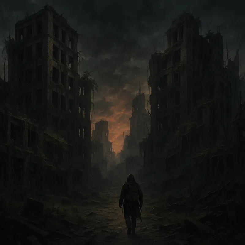 Desolate Wasteland with Lone Wanderer - Create a post-apocalyptic landscape with crumbling buildings, overgrown vegetation, and a desolate atmosphere. The sky should be dark and ominous, with hints of orange and red from distant fires. Include a lone wanderer in tattered clothing, exploring the ruins. - AI image generated with GPT Image