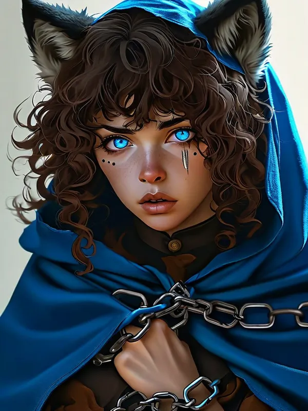 Despairing Wolf Woman in Blue Cloak - A woman with piercing blue eyes, brown curly hair with bangs and wolf ears dressed in a blue cloak, gazes down at her shackled wrist with a look of despair. - AI image generated with Nova Canvas