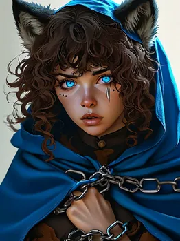 Despairing Wolf Woman in Blue Cloak