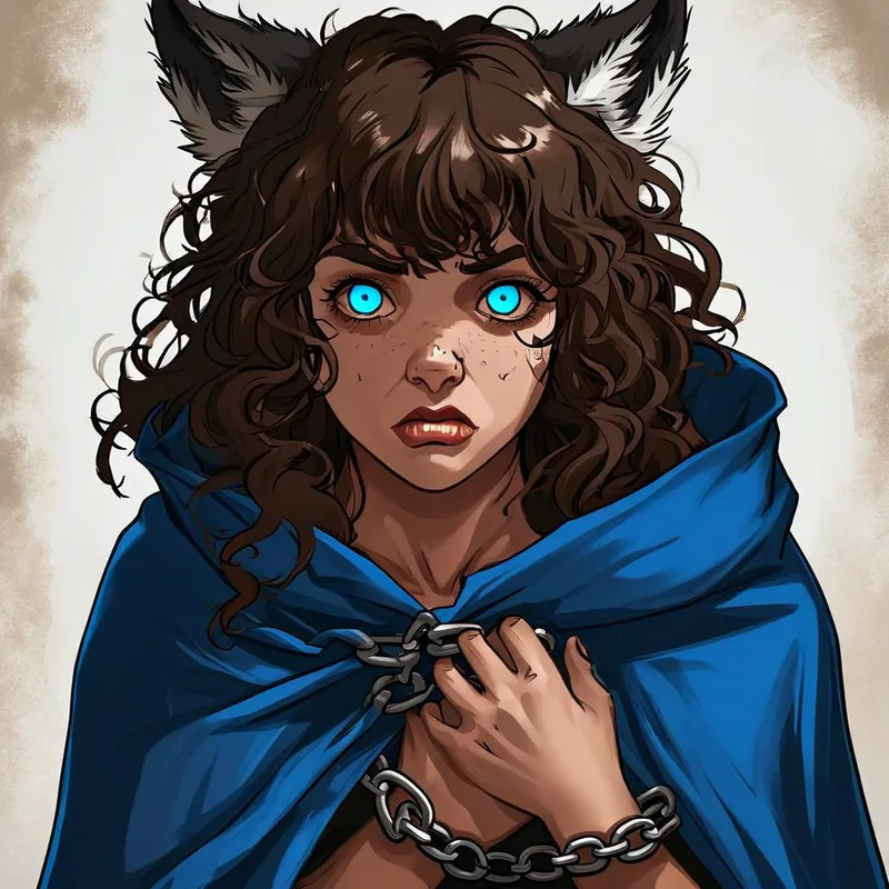 Desperate Gaze of a Shackled Wolf - A woman with piercing blue eyes, brown curly hair with bangs and wolf ears dressed in a blue cloak, gazes down at her shackled wrist with a look of despair. - AI image generated with Nova Canvas