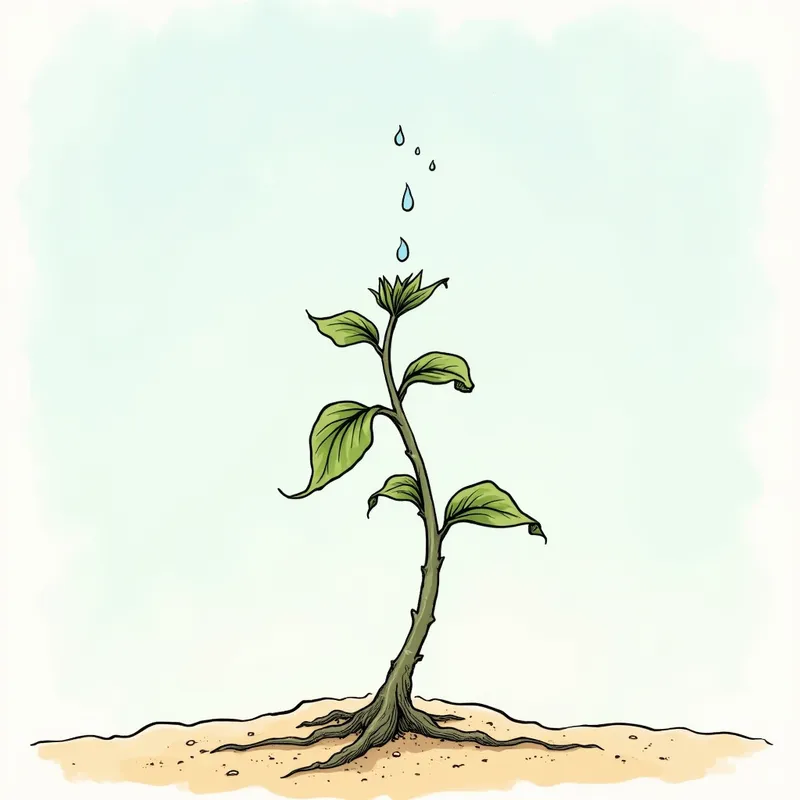 Desperate for Rain - A wilted young plant stands alone under a cloudless sky. Its leaves curl inwards and the earth around its base is dusty and barren. Small cartoon-like water droplets hover above, just out of the plant's reach. - AI image generated with Photorealistic 2 - cartoony, doodle, alcohol ink