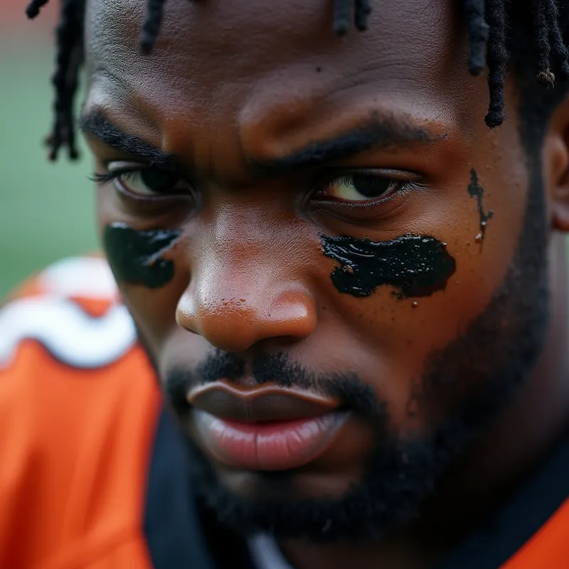 Despondent Bengal - A poignant close-up of a Cincinnati Bengals player's face, streaked with rain and sweat, capturing the deep sadness and hopelessness of a tough season. - AI image generated with Photorealistic 2