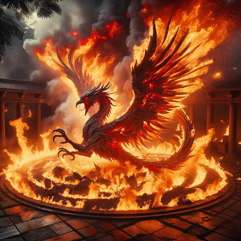 Destruction in the Garden - phenix braking up an garden concreat floor everything around onfire - AI image generated with Art