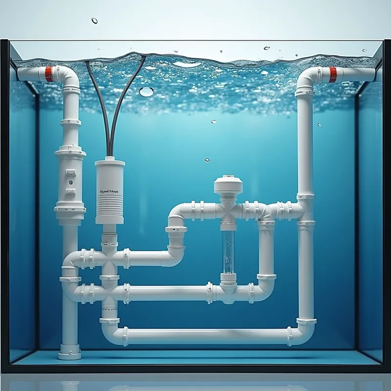 Detailed Hydraulic System - Base of the tank showcasing white PVC pipelines connected to a 500-liter auxiliary polyethylene reservoir. The hydraulic system includes a submersible pump, three filters, a UV-C lamp, and a heater, all visible with circulating water and small bubbles. - AI image generated with Photorealistic 2