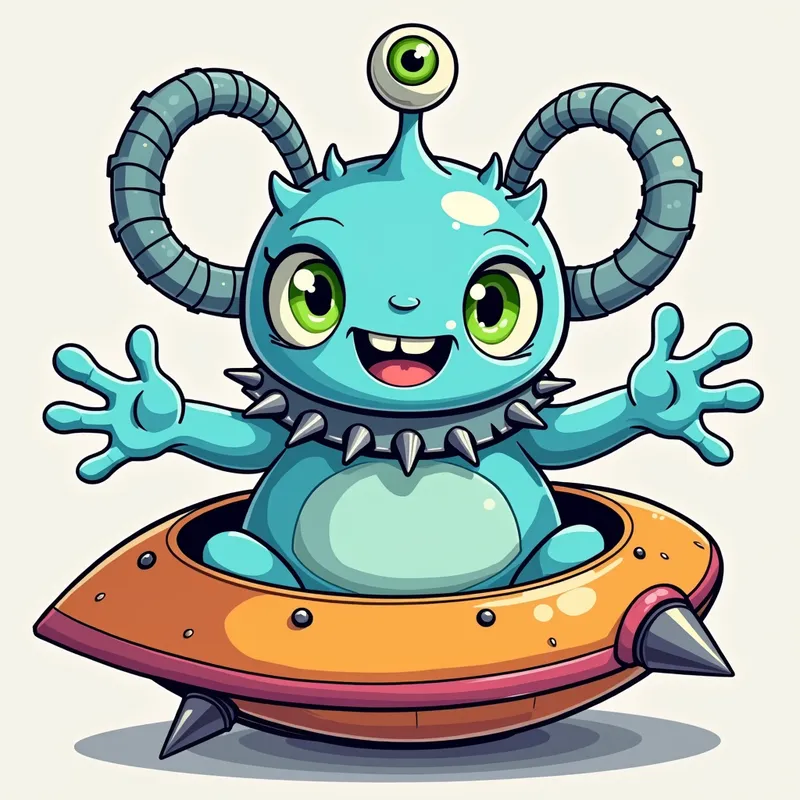 Detailed line art illustration A cartoon - Detailed line art illustration A cartoonish, bright pastel blue alien creature, positioned centrally in the image. The creature has a bulbous, teardrop shape body, and three large, expressive, light-green eyes.  Three curved, 
 fleshy tube-like appendages extend from its head witha eyeball sitting at 
 the top. It is wearing a gothic collar with enormous metal spikes sticking out of it. The creature has a cheerful, grinning expression, with visible, cartoonish teeth.  Its arms, also orange, are outstretched in a welcoming gesture. The creature is sitting in a brightly coloured spaceship with metal spokes sticking out from the sides. The background is a plain, light gray. The style is vibrant, playful, and exaggerated, with bold outlines and bright colors. The lighting is even, casting no significant shadows. The creature's pose is friendly and inviting. The overall impression is of a friendly, cartoon alien character. - AI image generated with Photorealistic 2