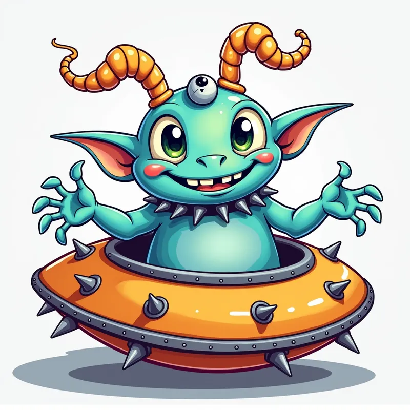 Detailed line art illustration A cartoon - Detailed line art illustration A cartoonish, bright pastel blue alien creature, positioned centrally in the image. The creature has a bulbous, teardrop shape body, and three large, expressive, light-green eyes. Three curved,
fleshy tube-like appendages extend from its head witha eyeball sitting at
the top. It is wearing a gothic collar with enormous metal spikes sticking out of it. The creature has a cheerful, grinning expression, with visible, cartoonish teeth. Its arms, also orange, are outstretched in a welcoming gesture. The creature is sitting in a brightly coloured spaceship with metal spokes sticking out from the sides. The background is a plain, light gray. The style is vibrant, playful, and exaggerated, with bold outlines and bright colors. The lighting is even, casting no significant shadows. The creature's pose is friendly and inviting. The overall impression is of a friendly, cartoon alien character. - AI image generated with Photorealistic 2
