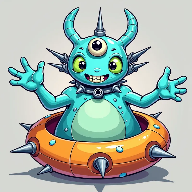 Detailed line art illustration A cartoon - Detailed line art illustration A cartoonish, bright pastel blue alien creature, positioned centrally in the image. The creature has a bulbous, teardrop shape body, and three large, expressive, light-green eyes.  Three curved, 
 fleshy tube-like appendages extend from its head witha eyeball sitting at 
 the top. It is wearing a gothic collar with enormous metal spikes sticking out of it. The creature has a cheerful, grinning expression, with visible, cartoonish teeth.  Its arms, also orange, are outstretched in a welcoming gesture. The creature is sitting in a brightly coloured spaceship with metal spokes sticking out from the sides. The background is a plain, light gray. The style is vibrant, playful, and exaggerated, with bold outlines and bright colors. The lighting is even, casting no significant shadows. The creature's pose is friendly and inviting. The overall impression is of a friendly, cartoon alien character. - AI image generated with Photorealistic 2