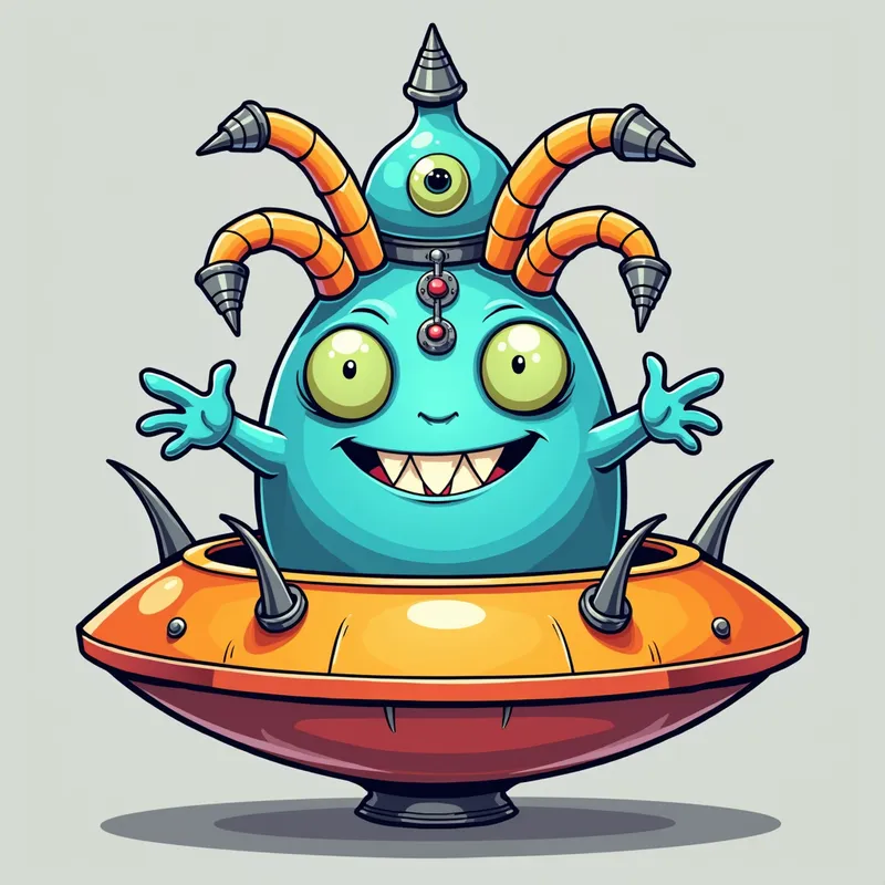 Detailed line art illustration A cartoon - Detailed line art illustration A cartoonish, bright pastel blue alien creature, positioned centrally in the image. The creature has a bulbous, teardrop shape body, and three large, expressive, light-green eyes.  Three curved, 
 fleshy tube-like appendages extend from its head witha eyeball sitting at 
 the top. It is wearing a gothic collar with enormous metal spikes sticking out of it. The creature has a cheerful, grinning expression, with visible, cartoonish teeth.  Its arms, also orange, are outstretched in a welcoming gesture. The creature is sitting in a brightly coloured spaceship with metal spokes sticking out from the sides. The background is a plain, light gray. The style is vibrant, playful, and exaggerated, with bold outlines and bright colors. The lighting is even, casting no significant shadows. The creature's pose is friendly and inviting. The overall impression is of a friendly, cartoon alien character. - AI image generated with Photorealistic 2