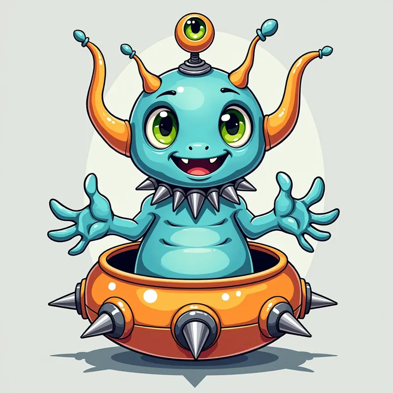 Detailed line art illustration A cartoon - Detailed line art illustration A cartoonish, bright pastel blue alien creature, positioned centrally in the image. The creature has a bulbous, teardrop shape body, and three large, expressive, light-green eyes. Three curved,
fleshy tube-like appendages extend from its head witha eyeball sitting at
the top. It is wearing a gothic collar with enormous metal spikes sticking out of it. The creature has a cheerful, grinning expression, with visible, cartoonish teeth. Its arms, also orange, are outstretched in a welcoming gesture. The creature is sitting in a brightly coloured spaceship with metal spokes sticking out from the sides. The background is a plain, light gray. The style is vibrant, playful, and exaggerated, with bold outlines and bright colors. The lighting is even, casting no significant shadows. The creature's pose is friendly and inviting. The overall impression is of a friendly, cartoon alien character. - AI image generated with Photorealistic 2
