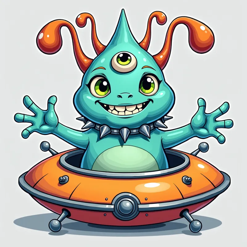 Detailed line art illustration A cartoon - Detailed line art illustration A cartoonish, bright pastel blue alien creature, positioned centrally in the image. The creature has a bulbous, teardrop shape body, and three large, expressive, light-green eyes.  Three curved, 
 fleshy tube-like appendages extend from its head witha eyeball sitting at 
 the top. It is wearing a gothic collar with enormous metal spikes sticking out of it. The creature has a cheerful, grinning expression, with visible, cartoonish teeth.  Its arms, also orange, are outstretched in a welcoming gesture. The creature is sitting in a brightly coloured spaceship with metal spokes sticking out from the sides. The background is a plain, light gray. The style is vibrant, playful, and exaggerated, with bold outlines and bright colors. The lighting is even, casting no significant shadows. The creature's pose is friendly and inviting. The overall impression is of a friendly, cartoon alien character. - AI image generated with Photorealistic 2