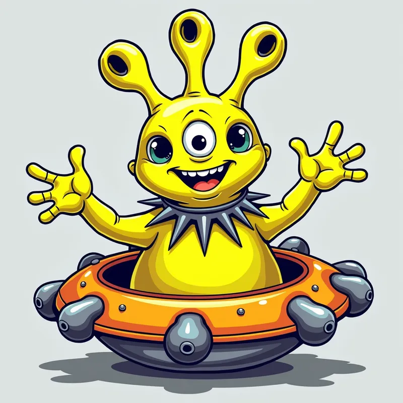 Detailed line art illustration A cartoon - Detailed line art illustration A cartoonish, fluorescent yellow alien creature, positioned centrally in the image. The creature has a bulbous, teardrop shape body, and one large, expressive eye in the middle of its forehead Three oddly shaped fleshy appendages stick straight out from the top of its headi. It is wearing a gothic collar with enormous metal spikes sticking out of it. The creature has a cheerful, grinning expression, with visible, cartoonish teeth. Its arms, also brightly coloured, are outstretched in a welcoming gesture. The creature is sitting in a brightly coloured spaceship with metal spikes sticking out from the sides. The background is a plain, light gray. The style is vibrant, playful, and exaggerated, with bold outlines and bright colors. The lighting is even, casting no significant shadows. The creature's pose is friendly and inviting. The overall impression is of a friendly, cartoon alien character. - AI image generated with Photorealistic 2