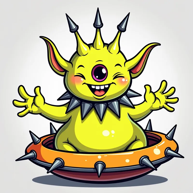 Detailed line art illustration A cartoon - Detailed line art illustration A cartoonish, fluorescent yellow alien creature, positioned centrally in the image. The creature has a bulbous, teardrop shape body, and one large, expressive eye in the middle of its forehead Three oddly shaped fleshy appendages stick straight out from the top of its headi. It is wearing a gothic collar with enormous metal spikes sticking out of it. The creature has a cheerful, grinning expression, with visible, cartoonish teeth.  Its arms, also brightly coloured, are outstretched in a welcoming gesture. The creature is sitting in a brightly coloured spaceship with metal spikes sticking out from the sides. The background is a plain, light gray. The style is vibrant, playful, and exaggerated, with bold outlines and bright colors. The lighting is even, casting no significant shadows. The creature's pose is friendly and inviting. The overall impression is of a friendly, cartoon alien character. - AI image generated with Photorealistic 2