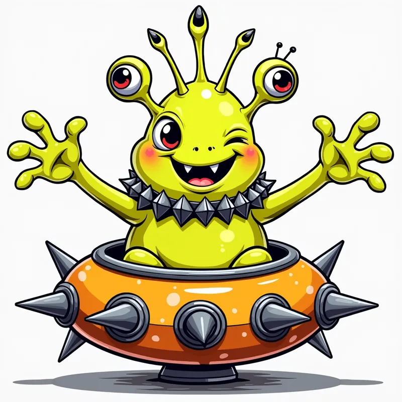 Detailed line art illustration A cartoon - Detailed line art illustration A cartoonish, fluorescent yellow alien creature, positioned centrally in the image. The creature has a bulbous, teardrop shape body, and one large, expressive eye in the middle of its forehead Three oddly shaped fleshy appendages stick straight out from the top of its headi. It is wearing a gothic collar with enormous metal spikes sticking out of it. The creature has a cheerful, grinning expression, with visible, cartoonish teeth.  Its arms, also brightly coloured, are outstretched in a welcoming gesture. The creature is sitting in a brightly coloured spaceship with metal spikes sticking out from the sides. The background is a plain, light gray. The style is vibrant, playful, and exaggerated, with bold outlines and bright colors. The lighting is even, casting no significant shadows. The creature's pose is friendly and inviting. The overall impression is of a friendly, cartoon alien character. - AI image generated with Photorealistic 2