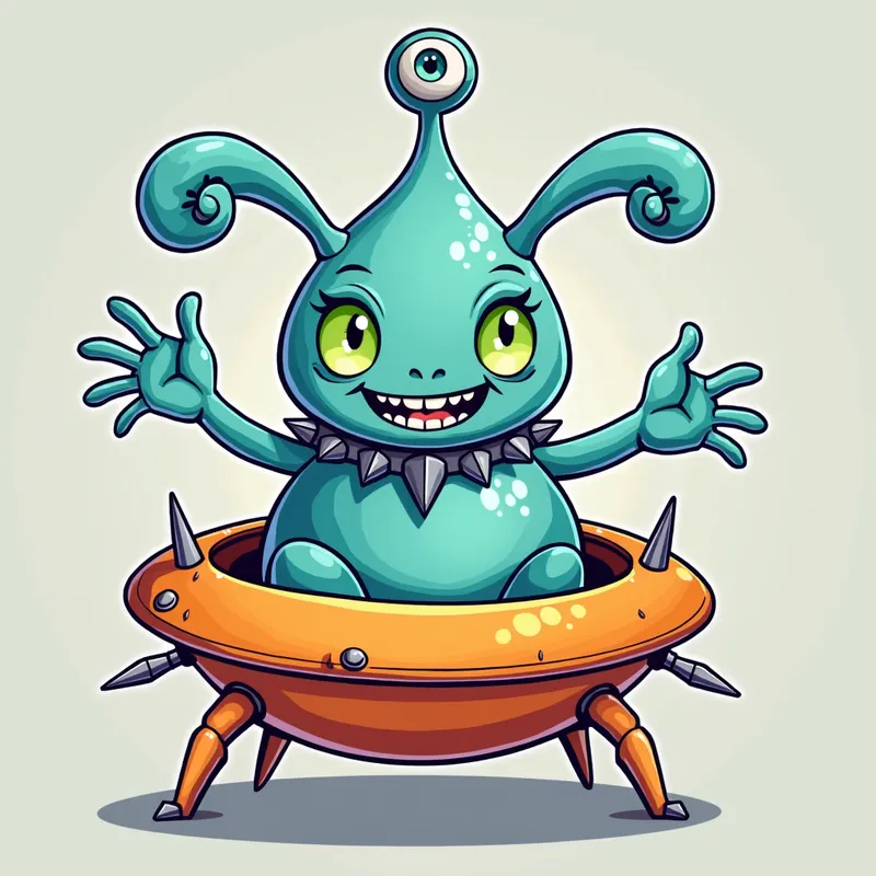 Detailed line art illustration A cartoon - Detailed line art illustration A cartoonish, bright pastel blue alien creature, positioned centrally in the image. The creature has a bulbous, teardrop shape body, and three large, expressive, light-green eyes. Three curved,
fleshy tube-like appendages extend from its head witha eyeball sitting at
the top. It is wearing a gothic collar with enormous metal spikes sticking out of it. The creature has a cheerful, grinning expression, with visible, cartoonish teeth. Its arms, also orange, are outstretched in a welcoming gesture. The creature is sitting in a brightly coloured spaceship with metal spokes sticking out from the sides. The background is a plain, light gray. The style is vibrant, playful, and exaggerated, with bold outlines and bright colors. The lighting is even, casting no significant shadows. The creature's pose is friendly and inviting. The overall impression is of a friendly, cartoon alien character. - AI image generated with Photorealistic 2