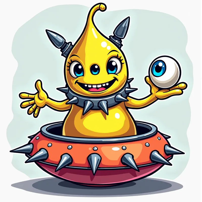 Detailed line art illustration A cartoon - Detailed line art illustration A cartoonish, brightly coloured alien creature, positioned centrally in the image. The creature has a bulbous, teardrop shape body, and three large, expressive eyes.  a hand extends from the top of  its head with a white eyeball with bright blue iris, sitting in the palm. It is wearing a gothic collar with enormous metal spikes sticking out of it. The creature has a cheerful, grinning expression, with visible, cartoonish teeth.  Its arms, also brightly coloured, are outstretched in a welcoming gesture. The creature is sitting in a brightly coloured spaceship with metal spikes sticking out from the sides. The background is a plain, light gray. The style is vibrant, playful, and exaggerated, with bold outlines and bright colors. The lighting is even, casting no significant shadows. The creature's pose is friendly and inviting. The overall impression is of a friendly, cartoon alien character. - AI image generated with Photorealistic 2