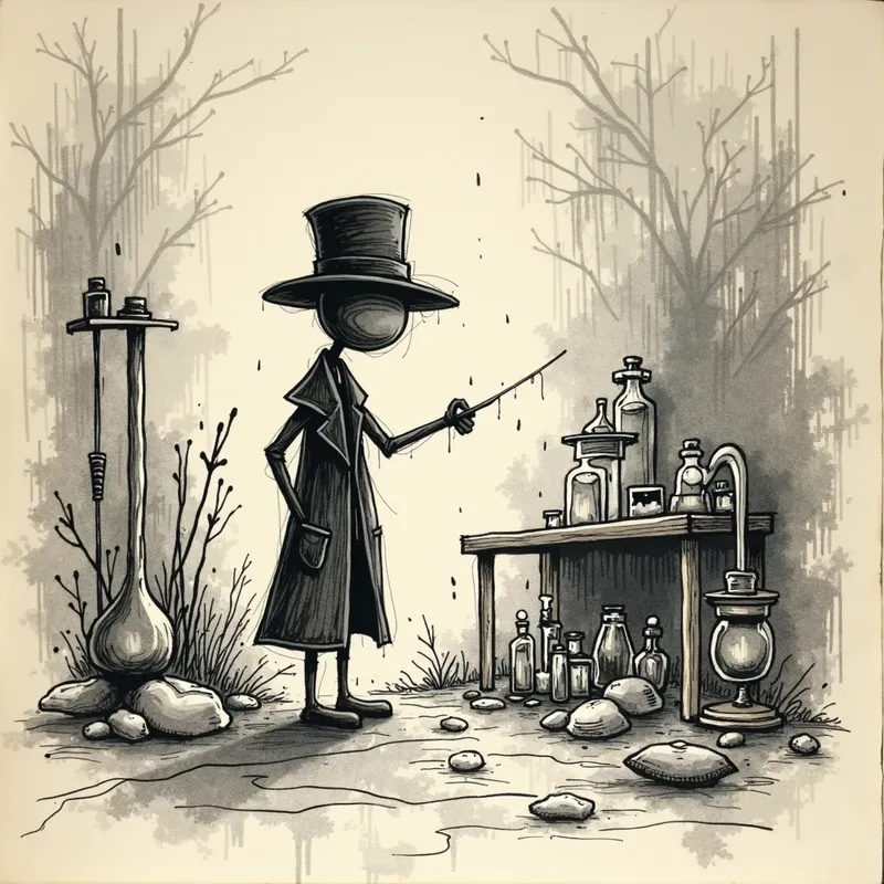 Detective in the Ruins - A stick figure character sketched with rough, thin pencil lines is dressed in a long black trench coat and a fedora hat. It is depicted exploring the chaotic remains of a laboratory, featuring broken glassware and disassembled equipment. The textured paper background and cross-hatched shading add a sense of depth to the image. - AI image generated with Photorealistic 2