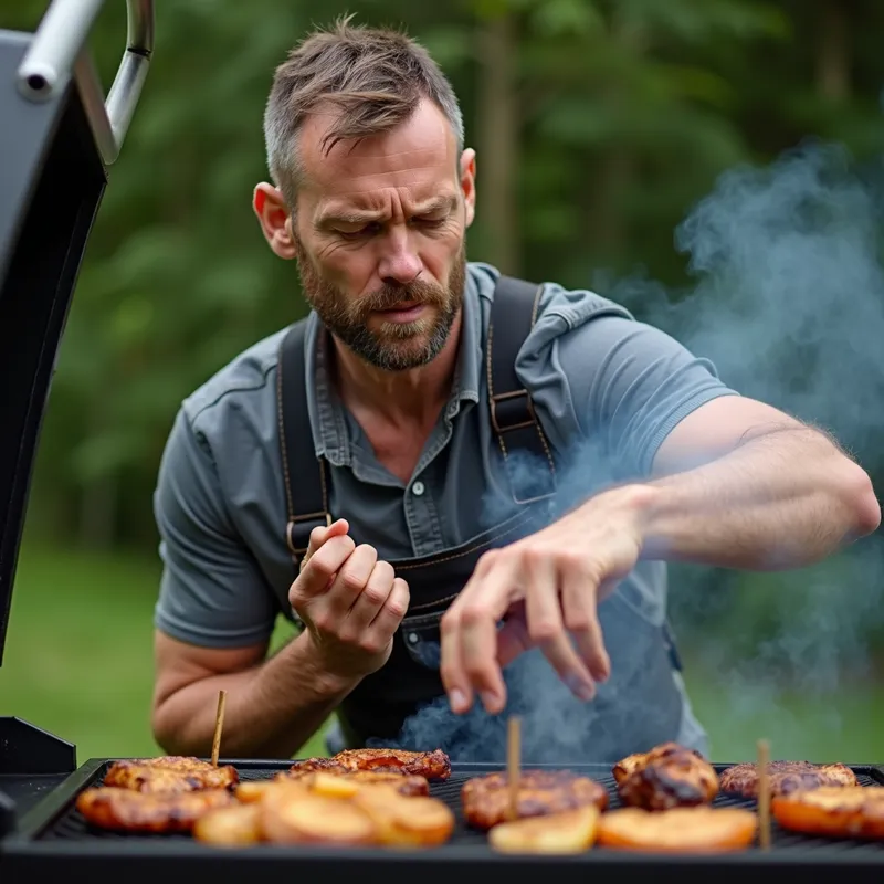 Determined Chef - An image of a man grilling with a determined look, despite the pain in his hand from constantly fanning the food to ensure it cooks perfectly. The grill is filled with various delicious-looking items. - AI image generated with Photorealistic 2