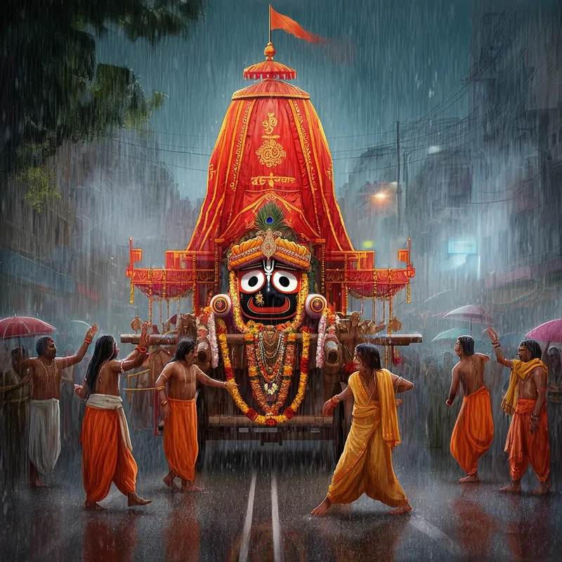 Devotional Dance in Rain - An evocative image capturing the rainy day Rath Yatra procession, with the chariot of Lord Jagannath and his ecstatic devotees dancing and celebrating in the rain. - AI image generated with Imagen 3 - Raphael