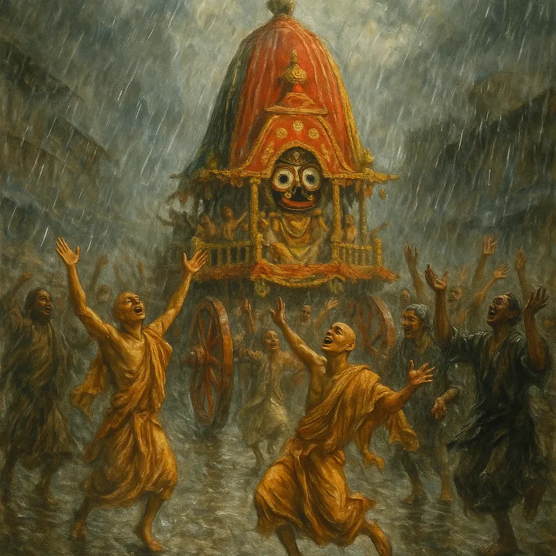 Devotional Dance in Rain - An evocative image capturing the rainy day Rath Yatra procession, with the chariot of Lord Jagannath and his ecstatic devotees dancing and celebrating in the rain. - AI image generated with GPT Image - Raphael