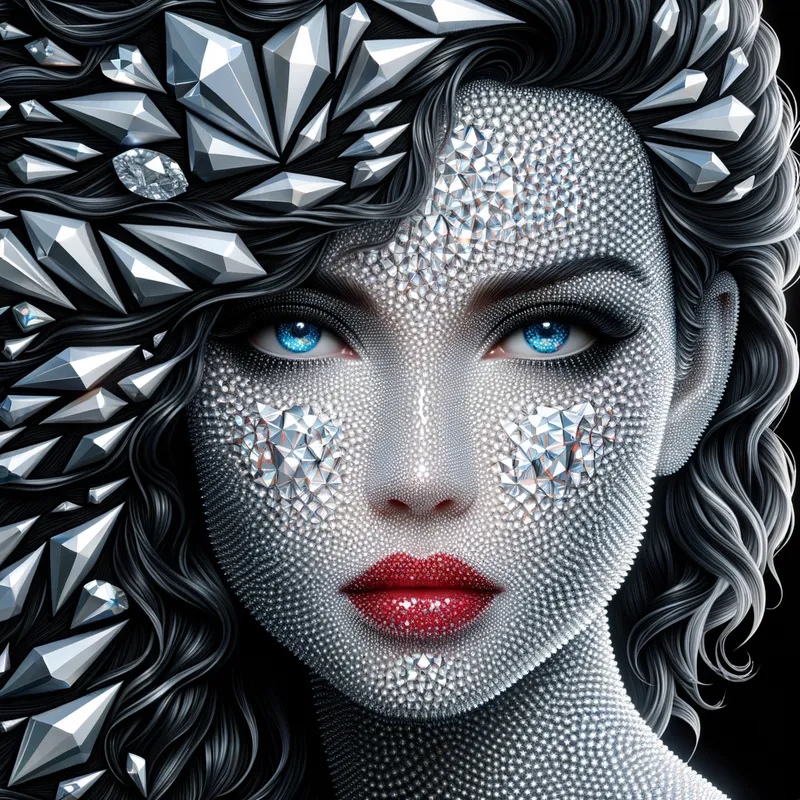 Diamond Empress - Exquisite ethereal portrait of a woman composed entirely of pure faceted diamonds. Her hair is crafted from shimmering black diamonds, cascading elegantly. The skin is made up of sparkling white geometric diamonds, reflecting light in a mesmerizing way. Her eyes are striking blue intense diamonds, radiating intensity and depth. The lips are a vivid red, formed from radiant red cut rubies, adding a pop of color. Render this artwork in stunning 8k resolution for intricate detail and clarity. - AI image generated with Art