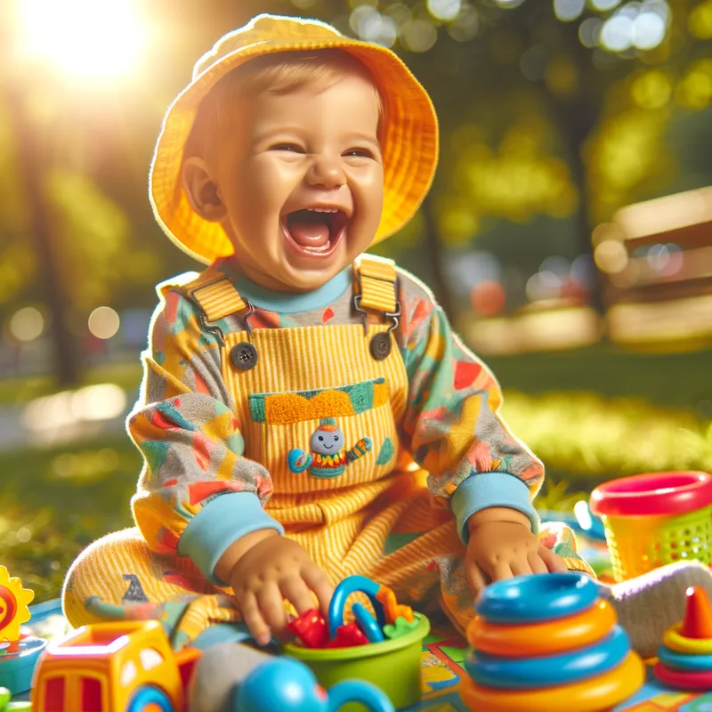 Diaper Delight - A cheerful toddler playing in a sunny park, showcasing his cute diaper-clad backside as he giggles while playing with colorful toys. - AI image generated with Art