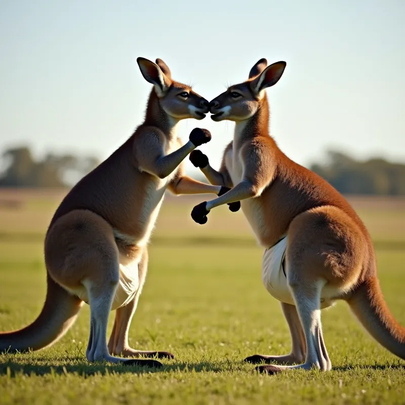Diapered Duo - Two incredibly muscular kangaroos, each wearing thick diapers, engaged in a playful boxing match in a sprawling grassy field. - AI image generated with Photorealistic 2