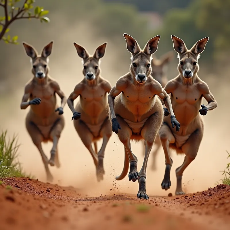 Diapered Racer - Several muscular kangaroos, each wearing thick diapers, all racing together on a dirt path with intense expressions of determination, dust clouds forming in their wake. - AI image generated with Photorealistic 2