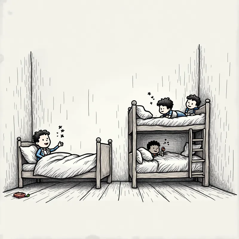 Different Starts - This hand-drawn stick figure illustration on textured paper captures the contrasting morning experiences of two children. One side displays a child in a large, toy-adorned bed with aspirations of becoming a doctor, while the other side shows a child in a cramped, messy bunkbed thinking about breakfast. The scene features rough pencil strokes and subtle cross-hatching for added depth. - AI image generated with Photorealistic 2
