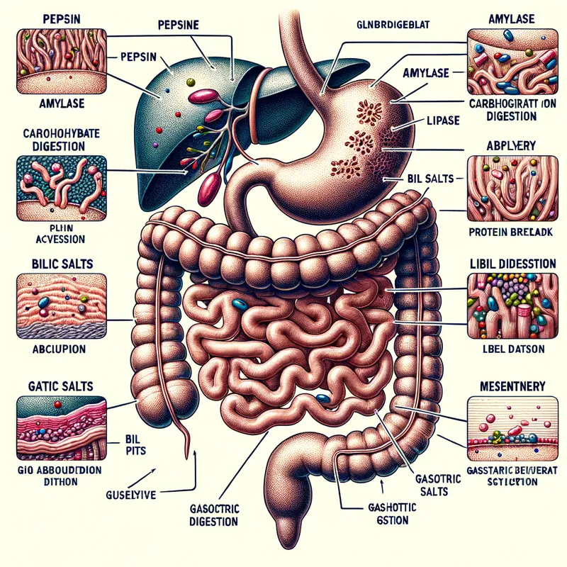 Digestive Tract and Enzyme Activity Chart - A comprehensive chart depicting the human digestive tract along with enzyme activities at different stages of digestion. Labels include terms like pepsin, amylase, lipase, bile salts, glucose absorption, protein breakdown, carbohydrate digestion, lipid absorption, gastric pits, and mesentery. - AI image generated with Art