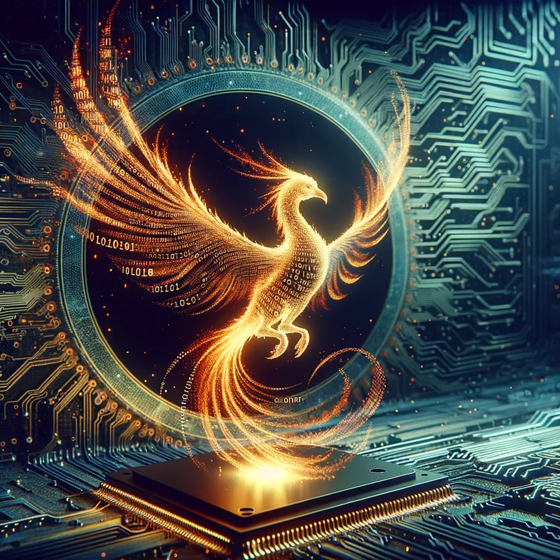 Digital Flame Avian - A digital art piece where a phoenix is composed entirely of glowing binary code, with a backdrop of a computer chip under a microscope, illuminating the intricate connections between nature and technology. - AI image generated with Art