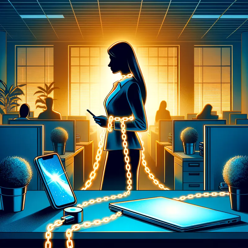 DigitalLeash - An illustration of a smartphone and laptop with glowing chains, anchoring a silhouette of a professional to their workplace, emphasizing the rule of company hardware confinement. - AI image generated with Art